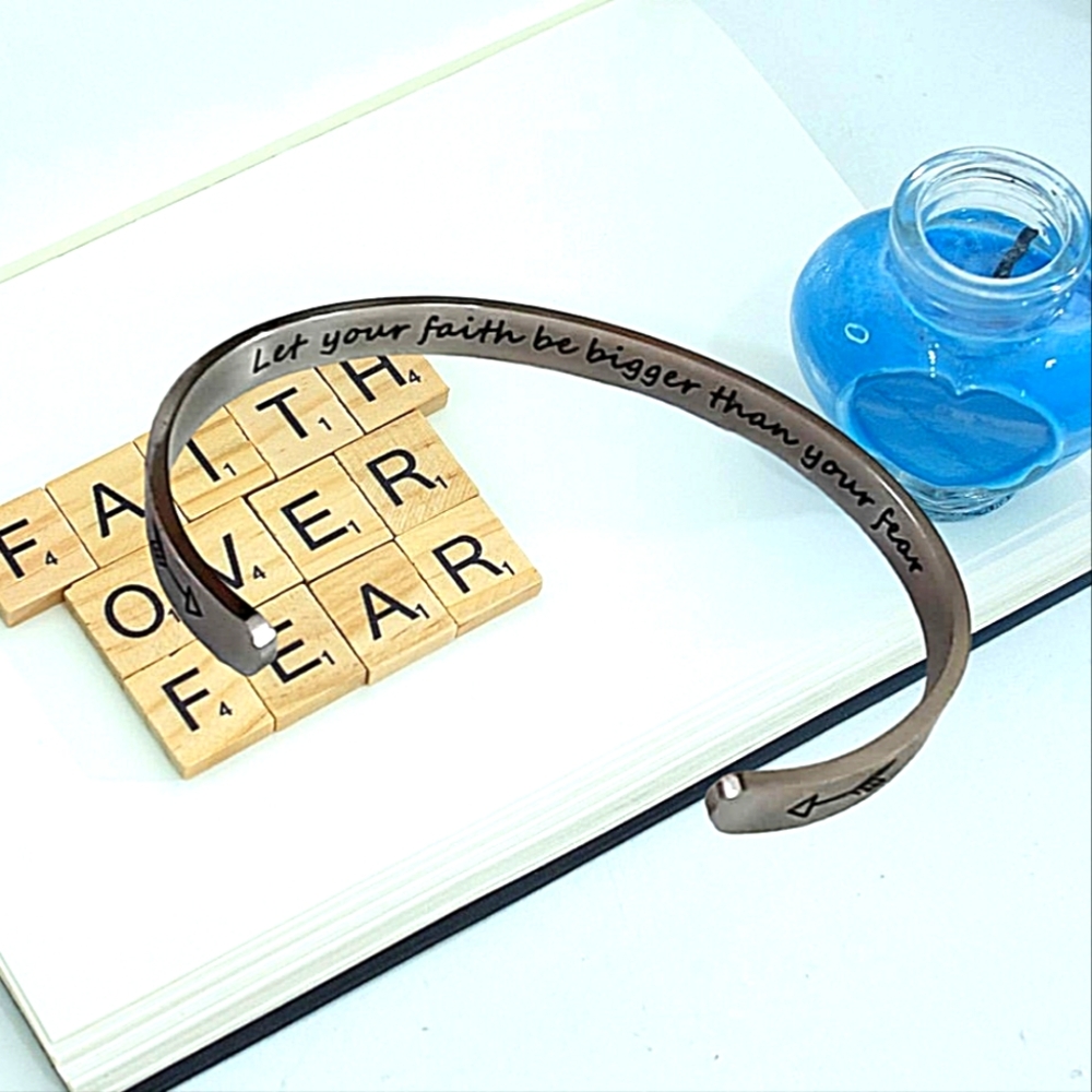 Stainless Steel Silver Open Thin Cuff Bracelet Engraved Faith Bigger Than Fear